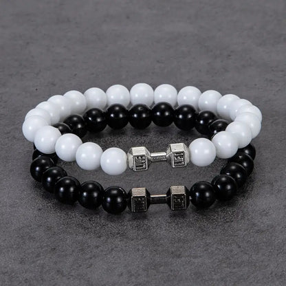 Pulsera elástica de plata con mancuernas de aleación negra brillante para hombre