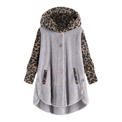 Abrigo de felpa con capucha y manga larga con botones y estampado de leopardo para mujer de otoño e invierno