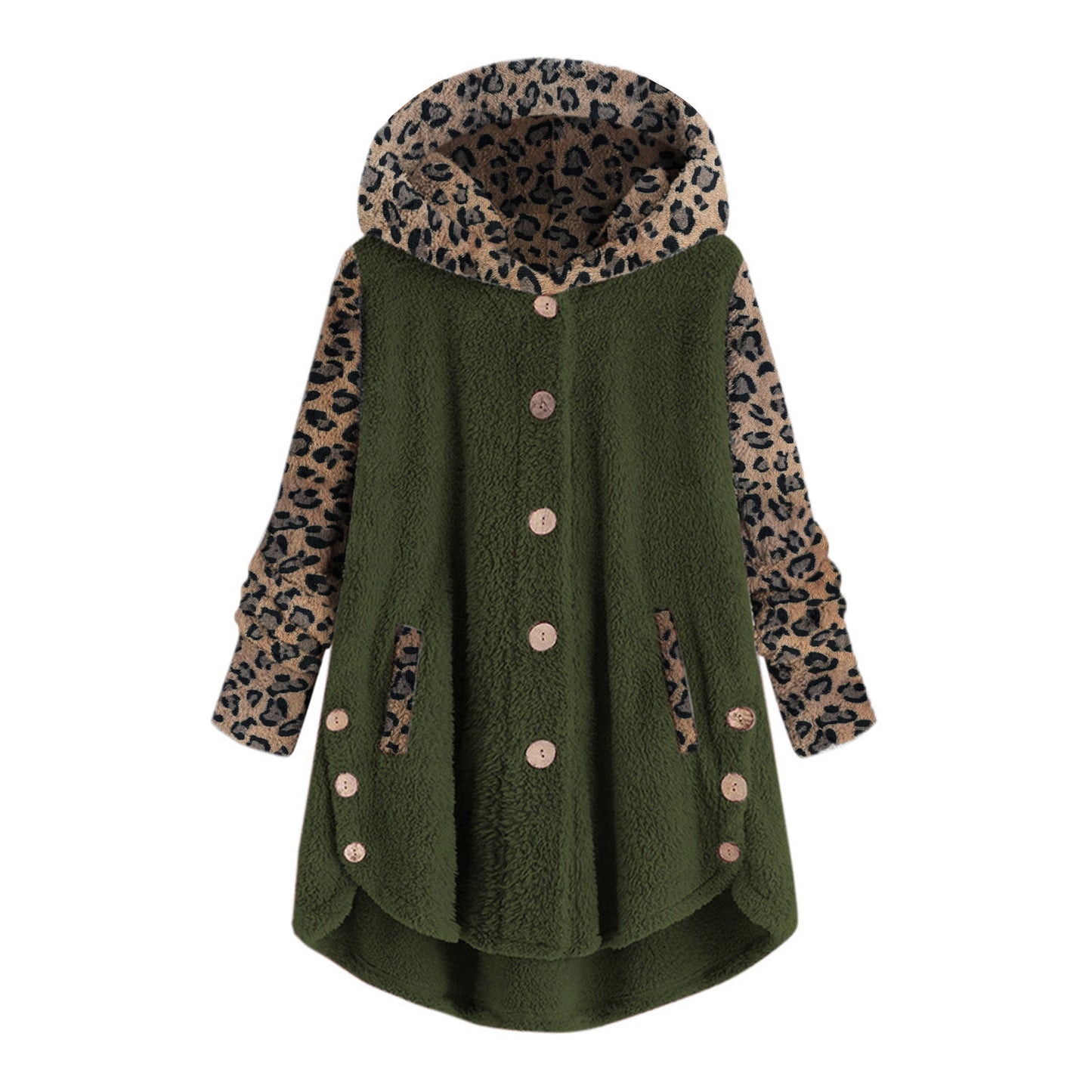 Abrigo de felpa con capucha y manga larga con botones y estampado de leopardo para mujer de otoño e invierno