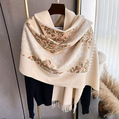 Bufanda bordada estilo cachemira para otoño e invierno con borlas y flores para mujer