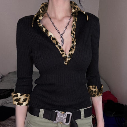 Top de punto ajustado con estampado de leopardo para chicas sexys europeas y americanas