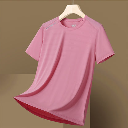 Thin Breathable Round Neck Moisture Wicking Women's High Elastic Ice Silk Quick-drying Short Sleeve Men