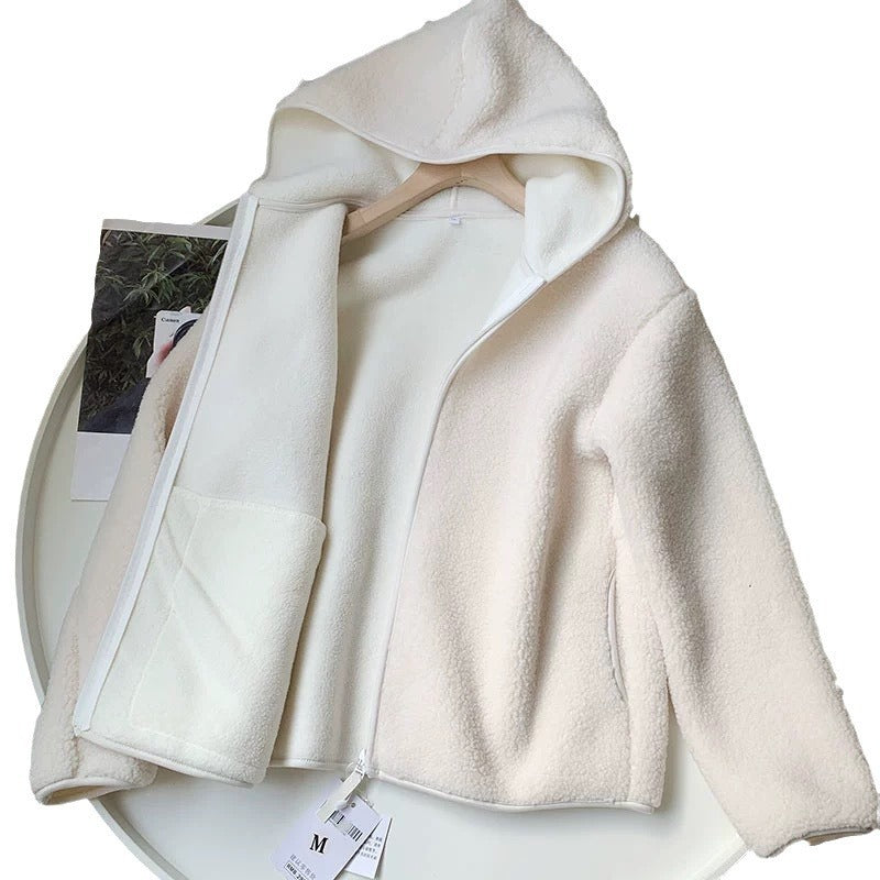 Sudadera con capucha y manga larga de cachemira sintética de otoño e invierno con cremallera y forro polar