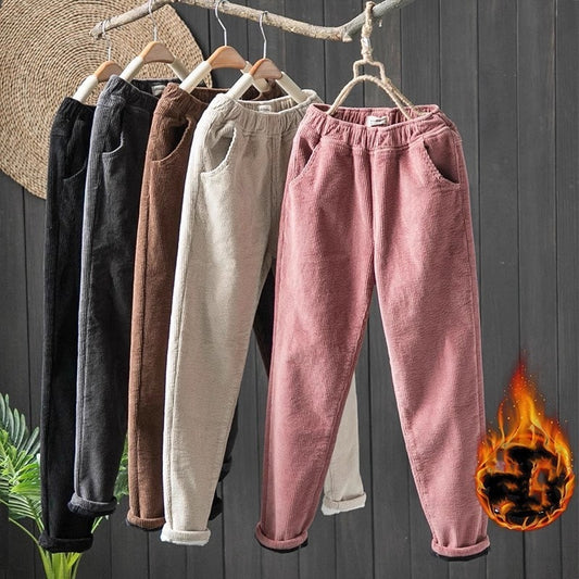 Pantalones retro sencillos y cálidos de pana gruesa con forro polar para mujer