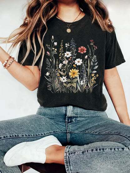 Camiseta de manga corta con estampado de flores y plantas para mujer, estilo europeo y americano, para verano