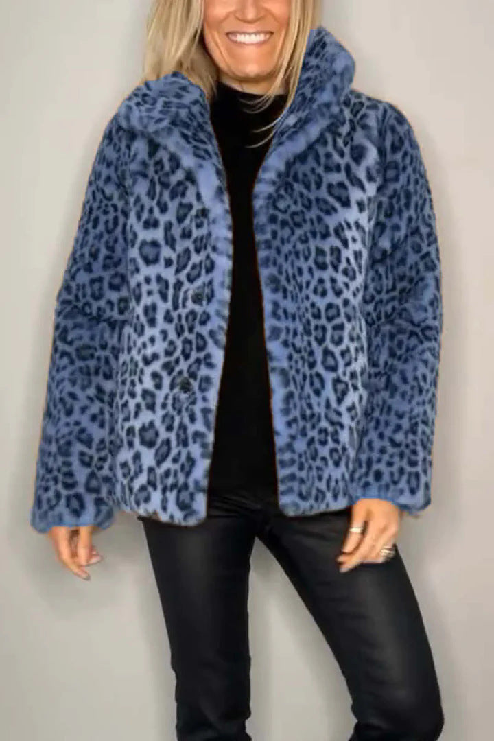 Nueva blusa de lana de piel sintética con solapa y estampado de leopardo de moda para mujer de invierno