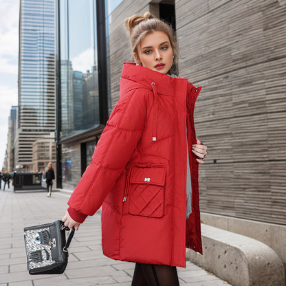 Abrigo con capucha cálido de invierno con bolsillos, chaqueta de algodón recta gruesa de color sólido a la moda para mujer, ropa de abrigo