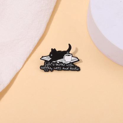 Little Black Cat Brooch Coffee Crawling On The Book