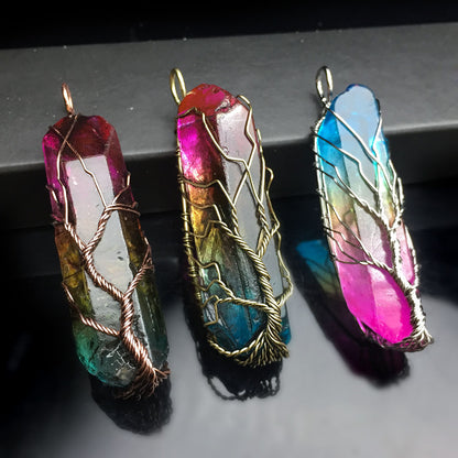 Colorful Electroplating Rough Stone Crystal Column Tree Of Life Pendant