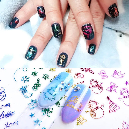 Pegatinas para uñas con diseño de alce y copos de nieve navideños con láser