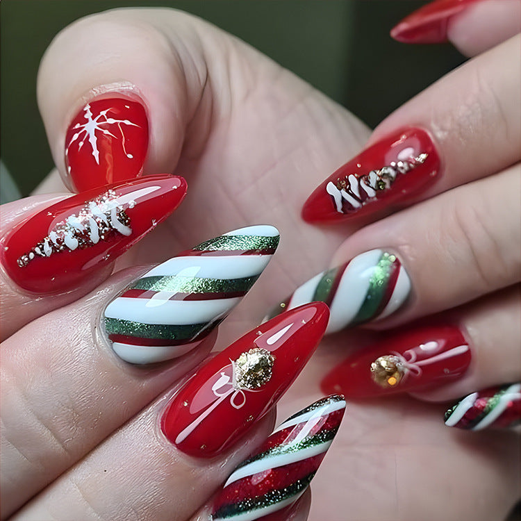 24 piezas de uñas postizas navideñas con diseño de copos de nieve a rayas para fiestas, bailes o ropa festiva