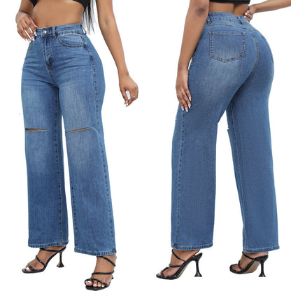 Elegantes jeans anchos rotos para mujer