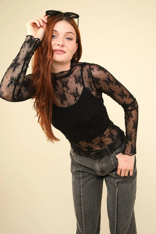 Blusa de encaje de malla transparente ajustada con cuello alto MUY J