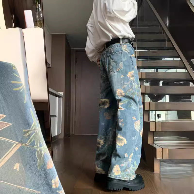 Pantalones vaqueros anchos lavados con estampado floral y cintura media para hombre