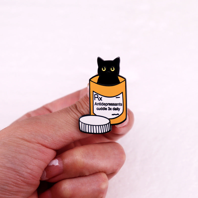 Black Cat Medicine Bottle Brooch Anti-depression Medical Prescription Badge