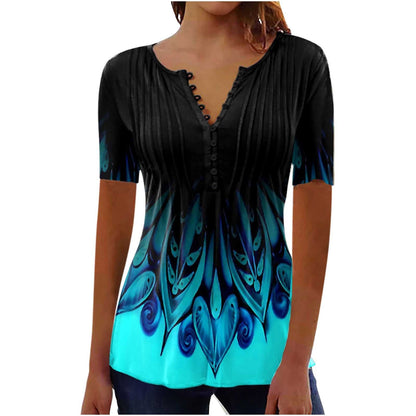 Camiseta de cuello redondo plisada con estampado digital 3D para mujer