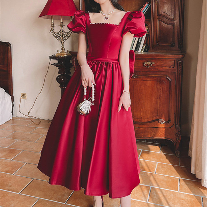 Vestido de satén estilo princesa francesa para uso diario, color vino tinto, para compromiso en invierno