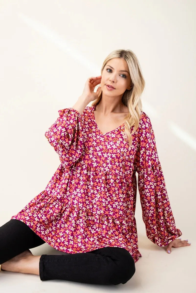 Blusa con escote en V y mangas abullonadas con estampado floral de tamaño completo Celeste