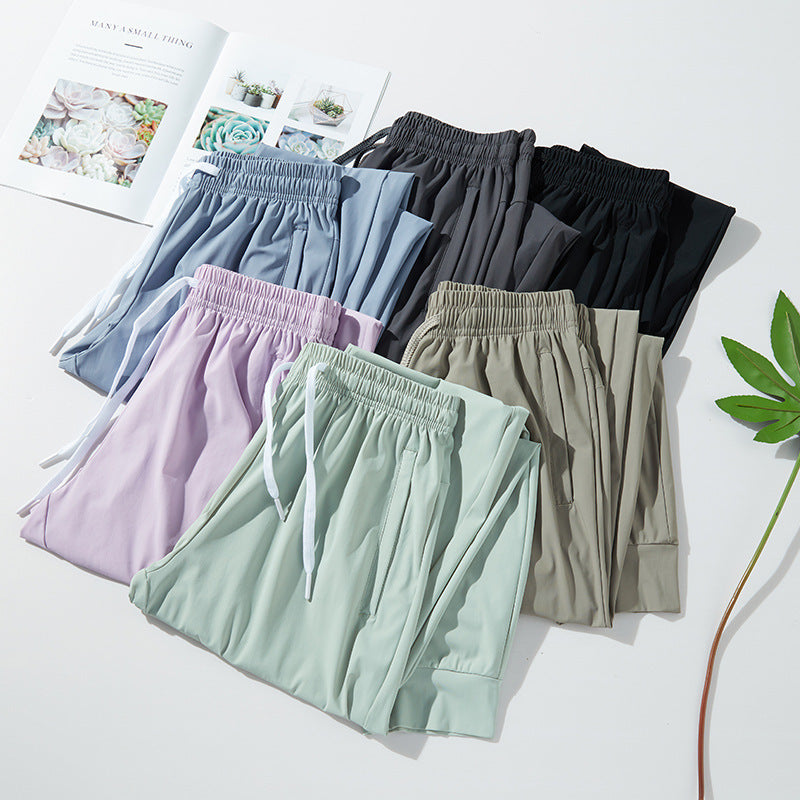 Pantalones de seda de hielo a prueba de sol para mujer, primavera-verano, cintura alta, holgados, rectos