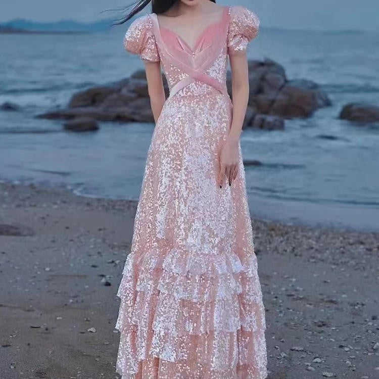 Vestido de noche rosa para mujeres de lujo de alta gama