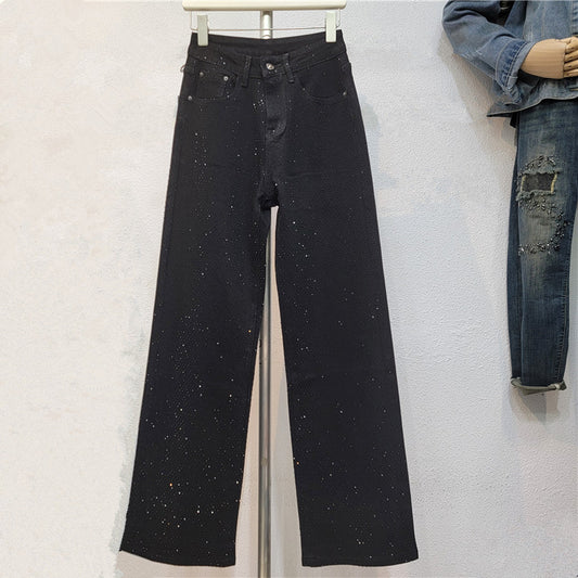 Nuevos pantalones vaqueros rectos y adelgazantes de otoño con diamantes de imitación