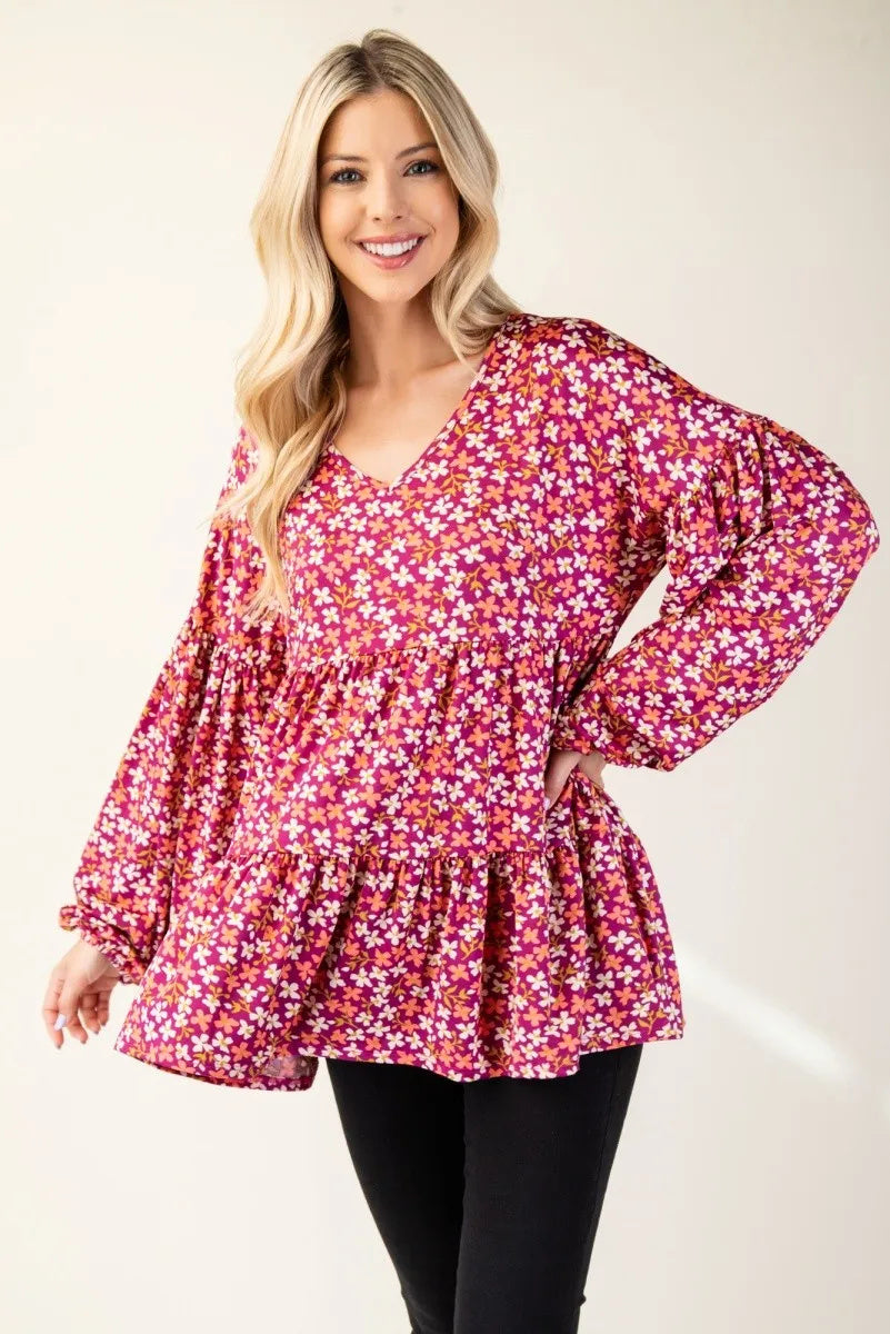 Blusa con escote en V y mangas abullonadas con estampado floral de tamaño completo Celeste