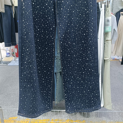 Pantalones vaqueros estilo coreano informales con espalda azul oscuro y efecto piedra del Rin