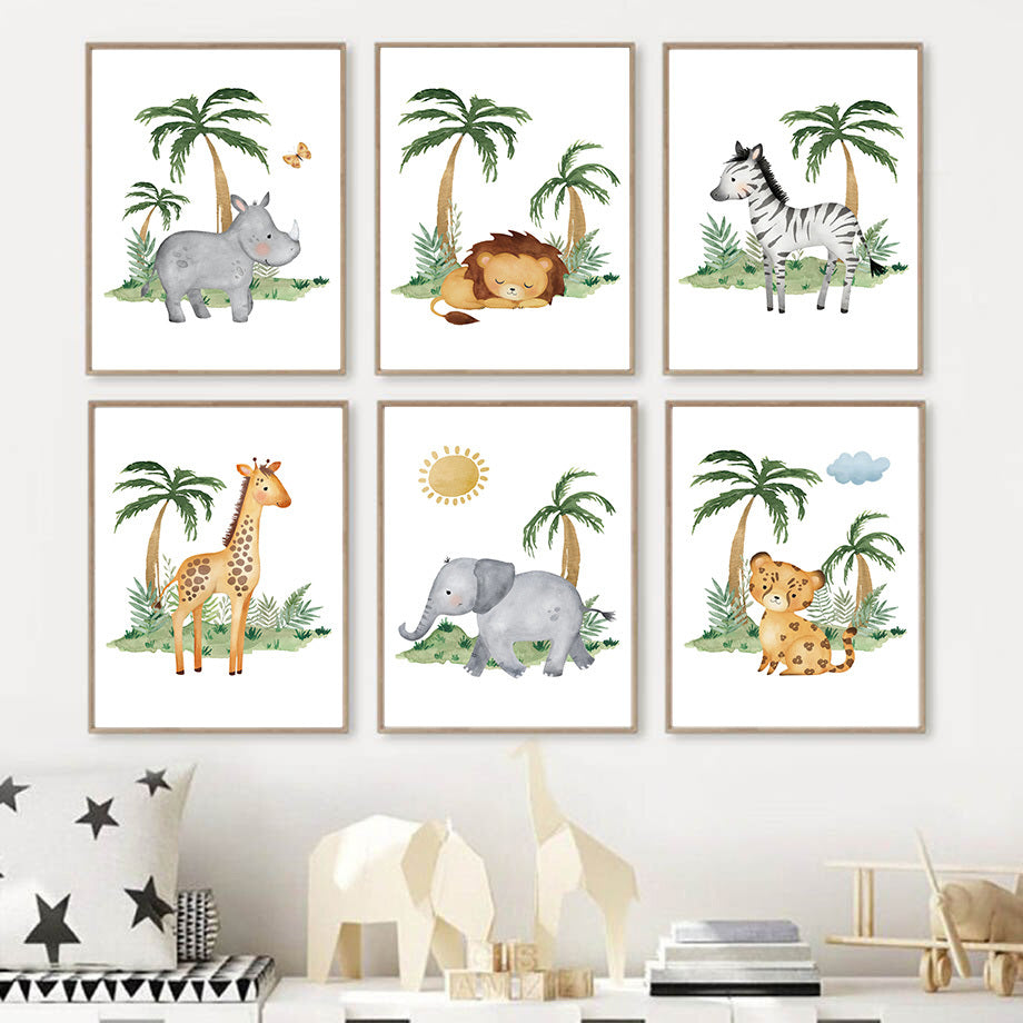 Lion Elephant Giraffe Jungle Animal Nursery Wall Art Canvas