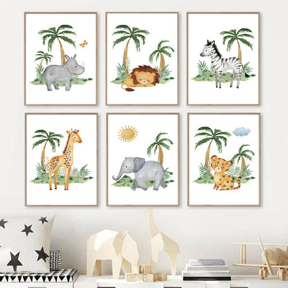 Lion Elephant Giraffe Jungle Animal Nursery Wall Art Canvas