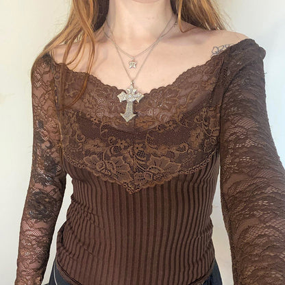 Top de punto de jacquard con encaje y escote en V estilo europeo y americano para mujer