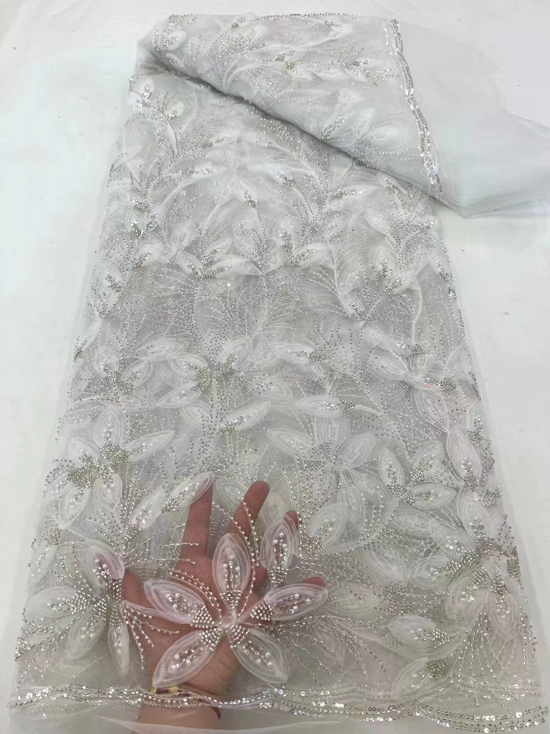 Tela de encaje de tul con cuentas y flores de cinta para cóctel, ocasión, vestido de noche, tela bordada de encaje