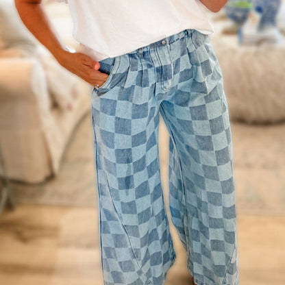 Pantalones vaqueros holgados con estampado de cuadros escoceses de moda para mujer