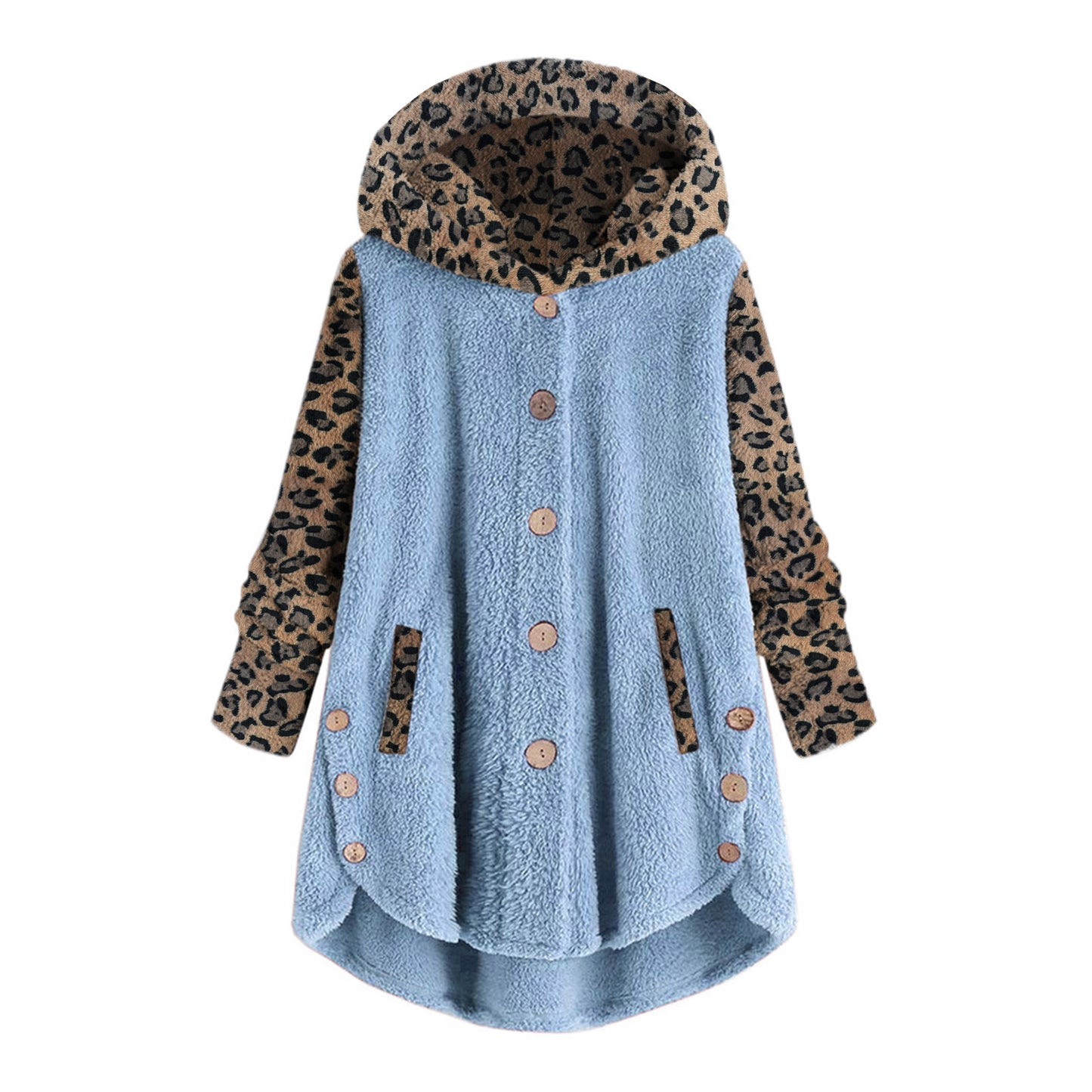 Abrigo de felpa con capucha y manga larga con botones y estampado de leopardo para mujer de otoño e invierno