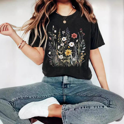 Camiseta de manga corta con estampado de flores y plantas para mujer, estilo europeo y americano, para verano