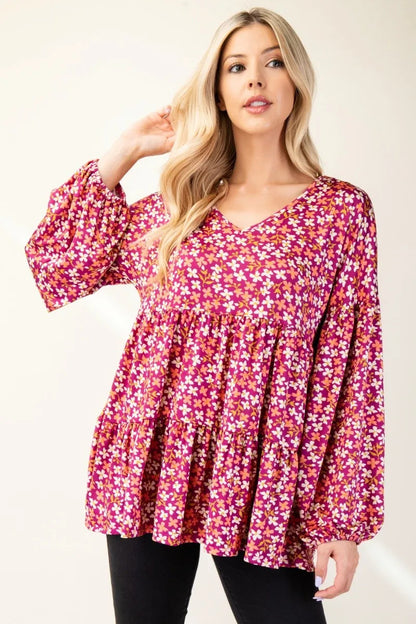 Blusa con escote en V y mangas abullonadas con estampado floral de tamaño completo Celeste