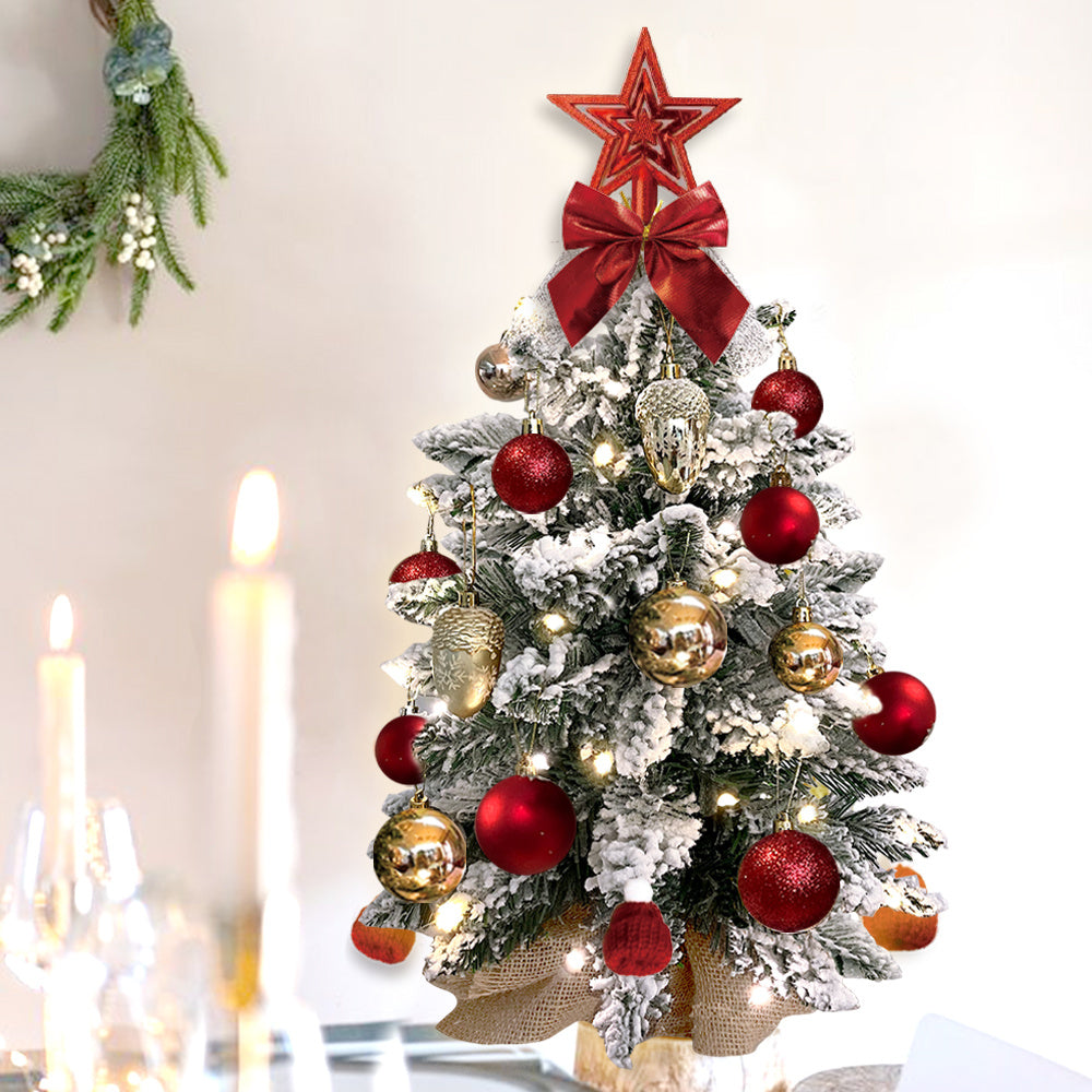 Mini árbol de Navidad de 2 pies con luz, decoración navideña artificial de bosque pequeño para mesa con nieve flocada, decoración exquisita y adornos navideños para mesa para el hogar y la oficina