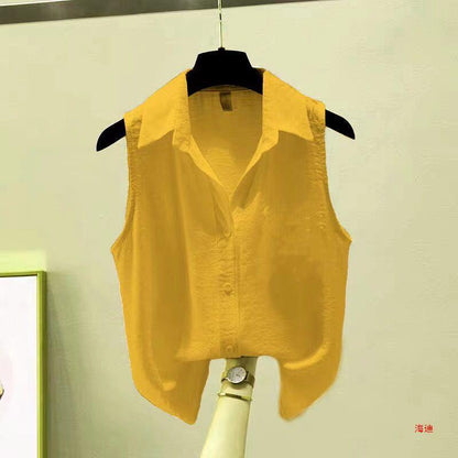 Camisa de gasa crepé sin mangas de color sólido de verano para mujer