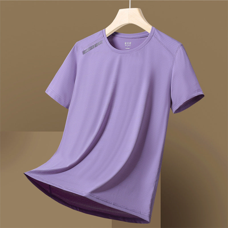 Thin Breathable Round Neck Moisture Wicking Women's High Elastic Ice Silk Quick-drying Short Sleeve Men