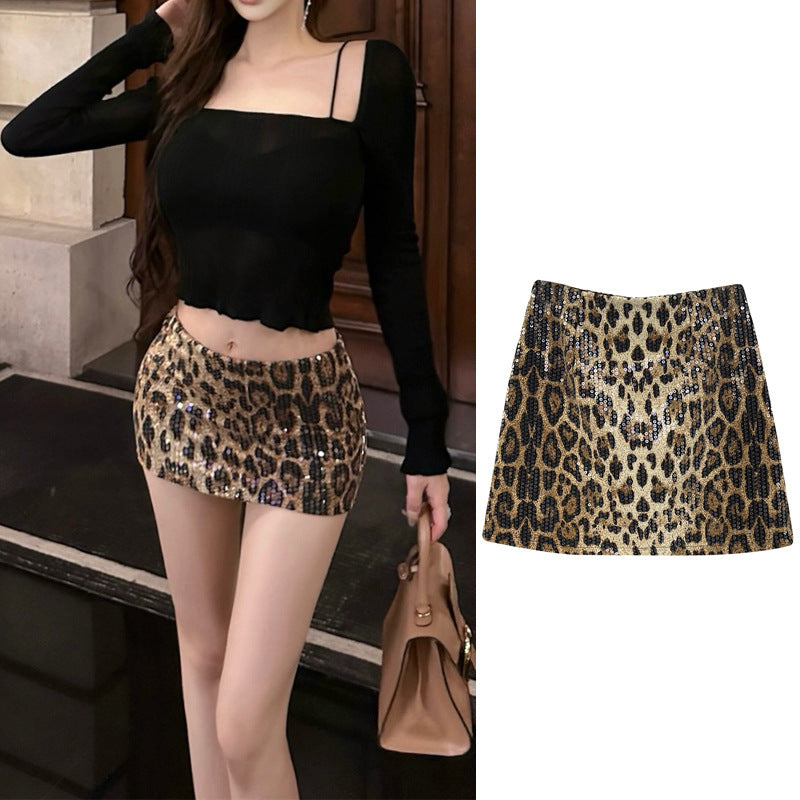 Falda con lentejuelas y estampado de leopardo de American Hot Girl para mujer