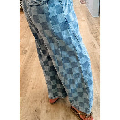 Pantalones vaqueros holgados con estampado de cuadros escoceses de moda para mujer