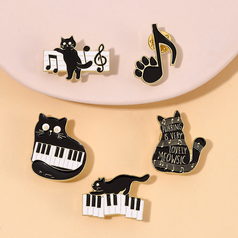 Cute Black Cat Piano Notes Alloy Brooch