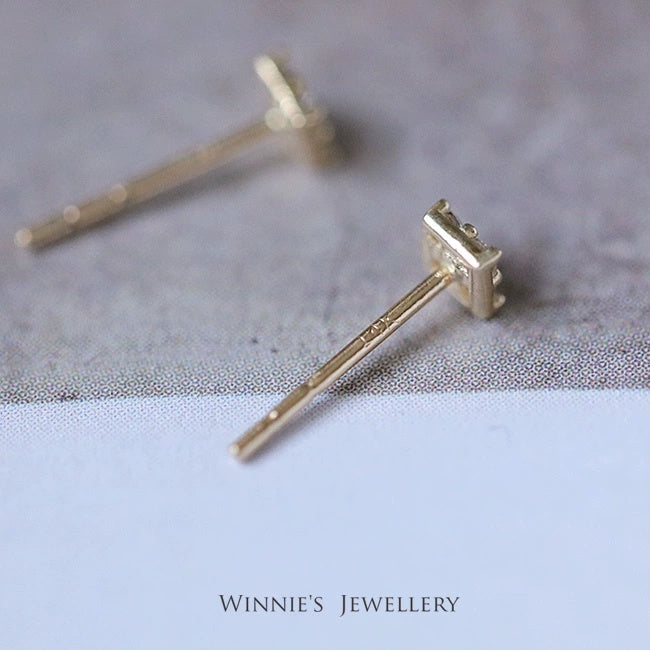 Simple Sterling Silver Plated Gold Inlaid Carbink Mini Square Stud Earrings All-matching Twin