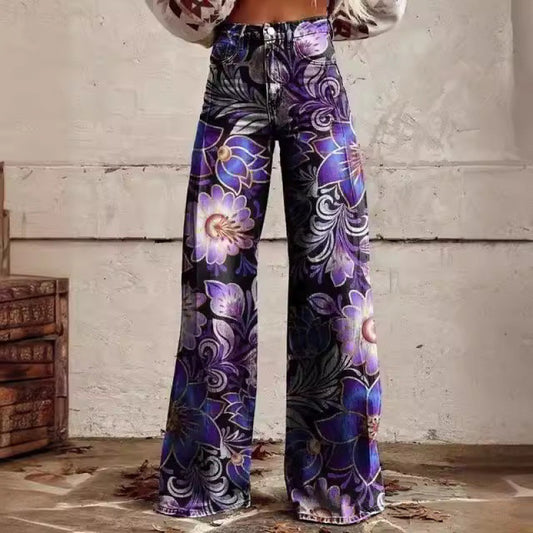 Pantalones anchos de mezclilla de imitación finos y sueltos con cintura alta y estampados para mujer a la moda