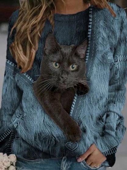 Camiseta informal de manga larga con cuello redondo y estampado de gato de dibujos animados con cremallera