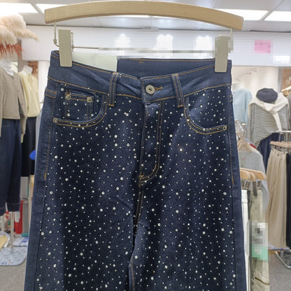 Pantalones vaqueros estilo coreano informales con espalda azul oscuro y efecto piedra del Rin