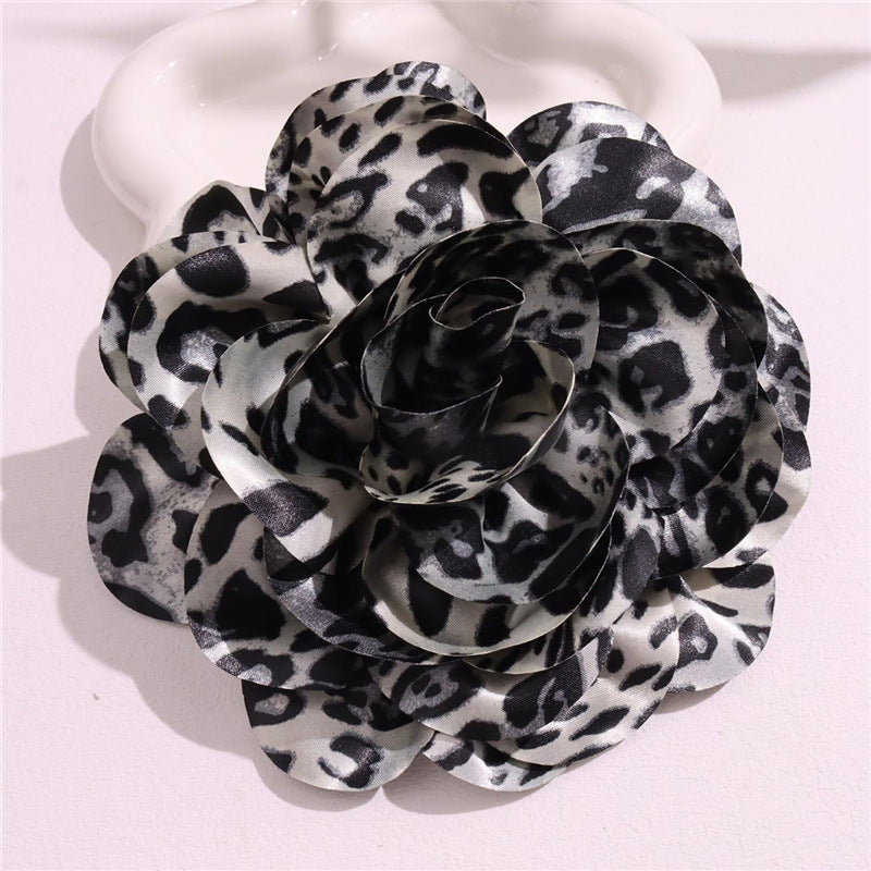 French Satin 19cm Fabric Exaggerated Leopard Large Flower Brooch